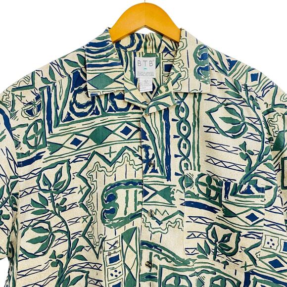 BTB Hawaiian Shirt Men's Large Tan Green Tropical Short Sleeve Button Up Linen - Picture 3 of 9